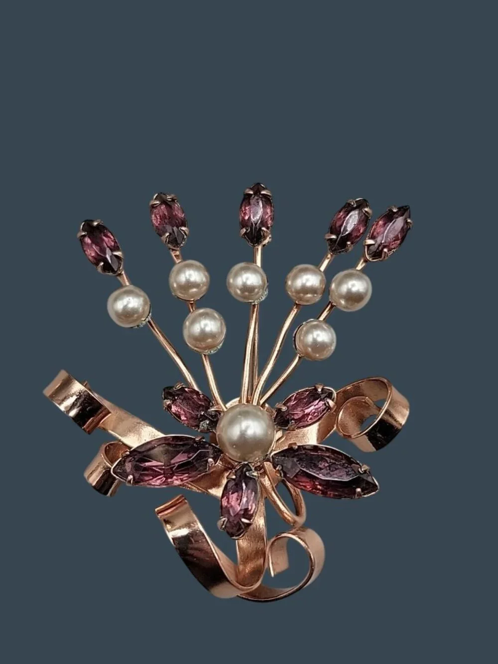 Vintage Large Amethyst Rhinestone Faux Pearl Rose Gold Plated Spray Brooch